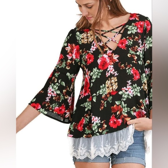 Umgee Women's Caged Floral Bell Sleeve Pullover Tunic Top Lace Y2K Boho Festival - Picture 2 of 14